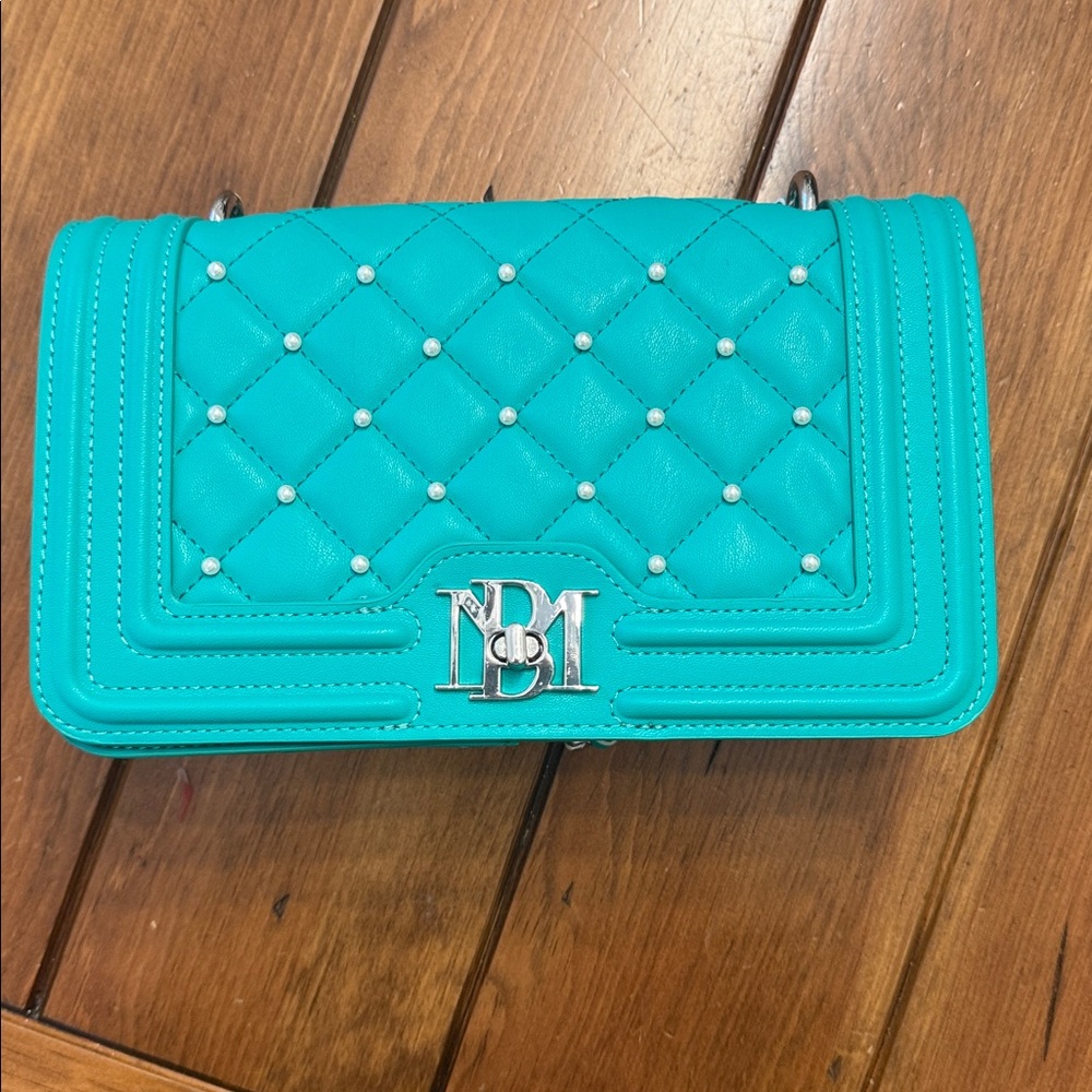 Badgley Mischka Turquoise Quilted Crossbody Bag with Pearl Studs